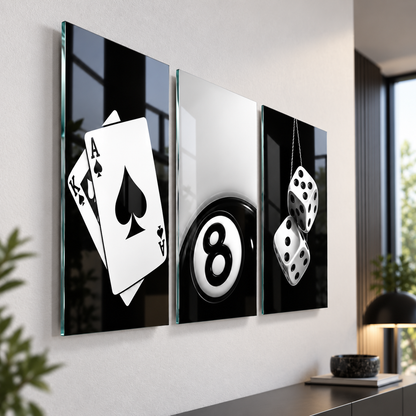 CAMDEKO casino temalı üçlü cam tablo yaklaşık 2 cm duvar mesafesi