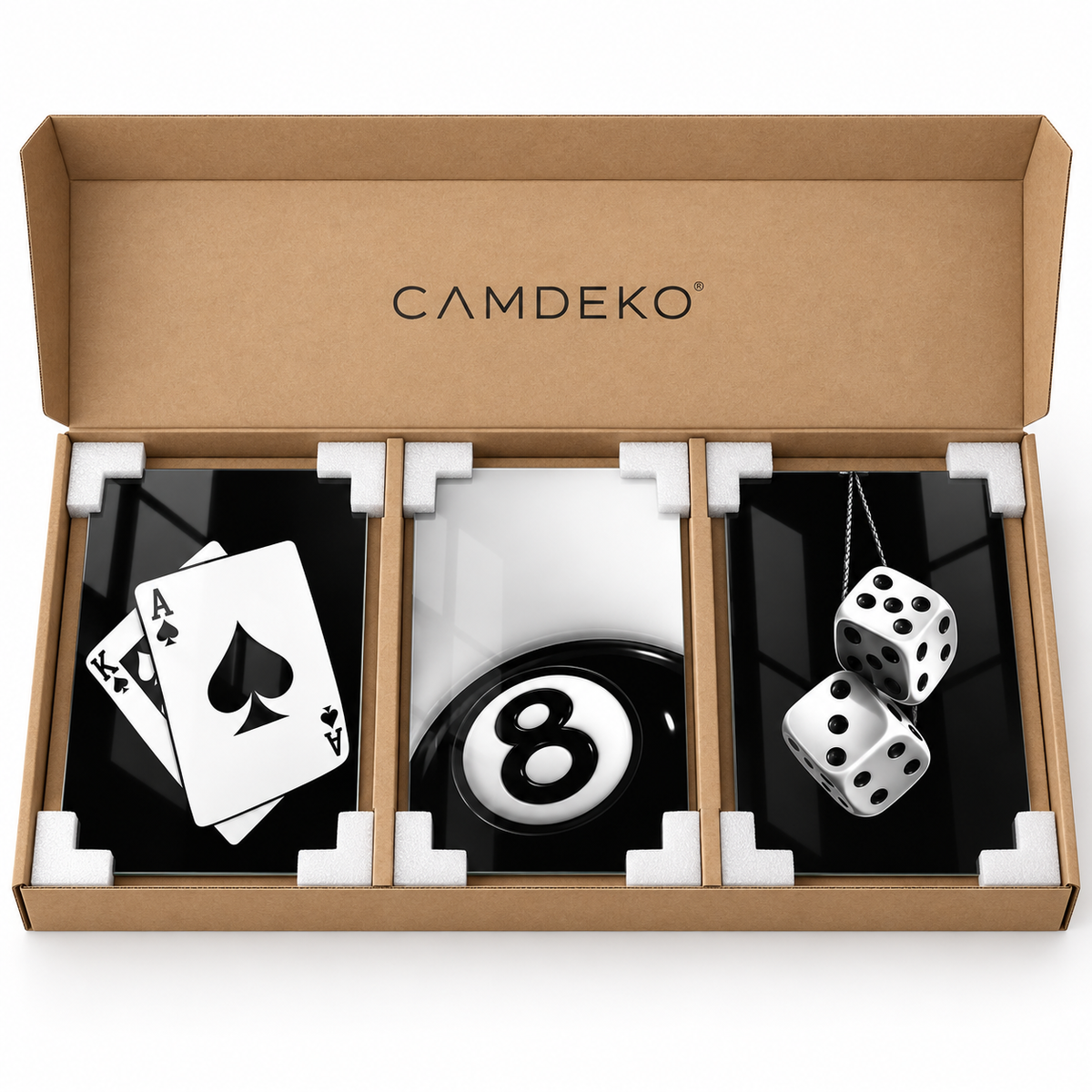 CAMDEKO casino temalı üçlü cam tablo sade korumalı paketleme