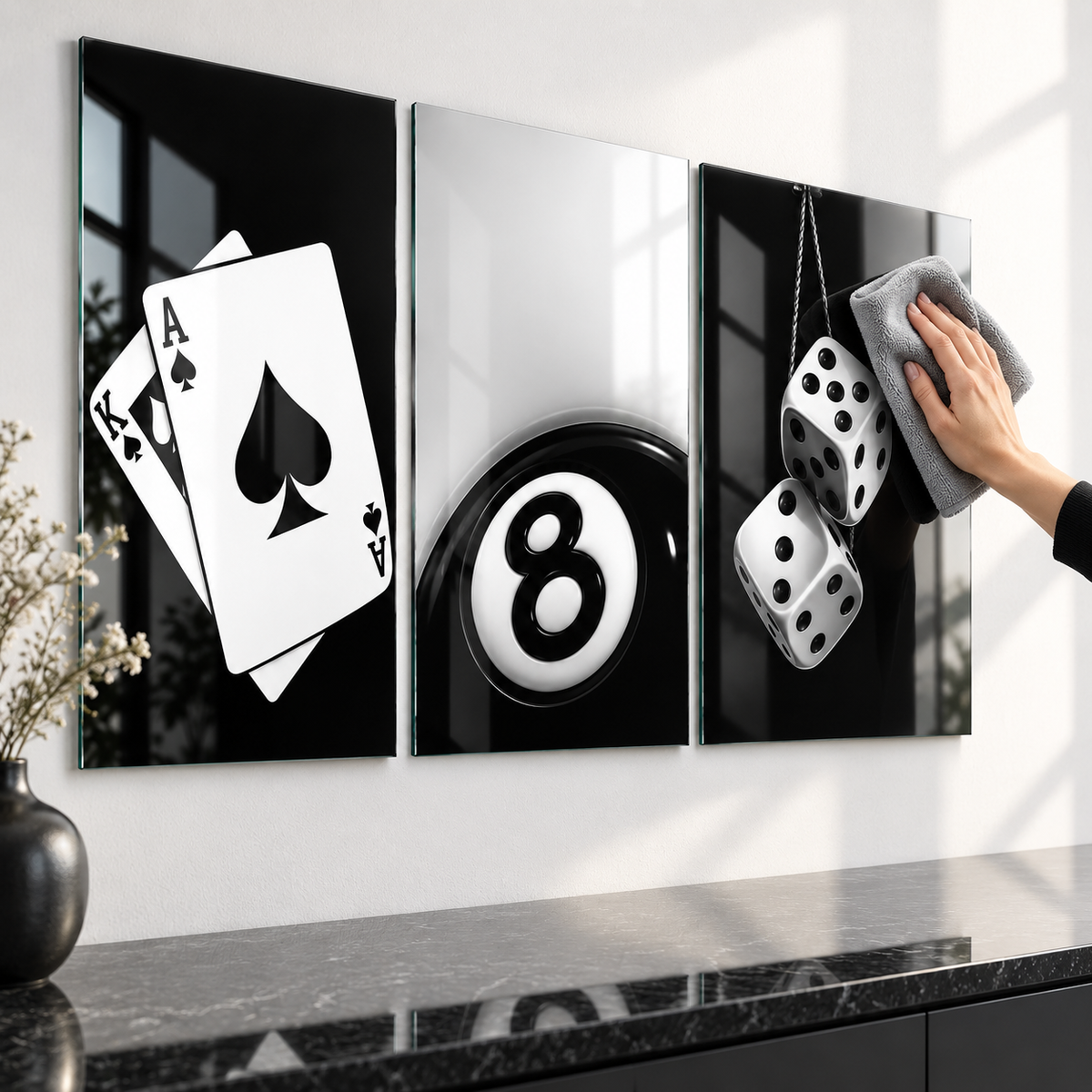 CAMDEKO casino temalı üçlü cam tablo kolay temizlik