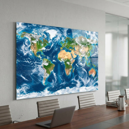 Global Dünya Haritası Canlı Renkler Yatay Cam Tablo