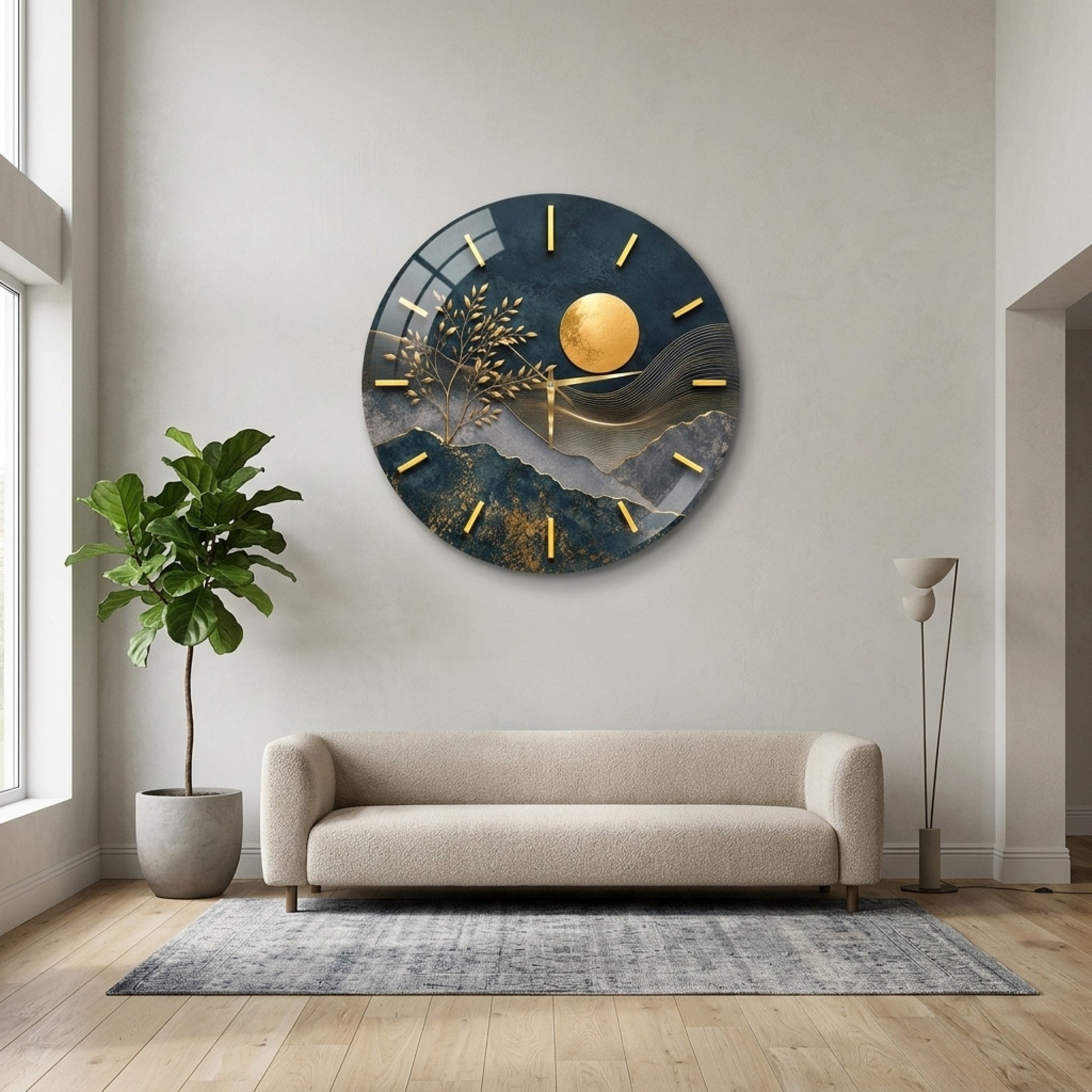 Modern Soyut Altın Ağaç ve Ay Cam Saat