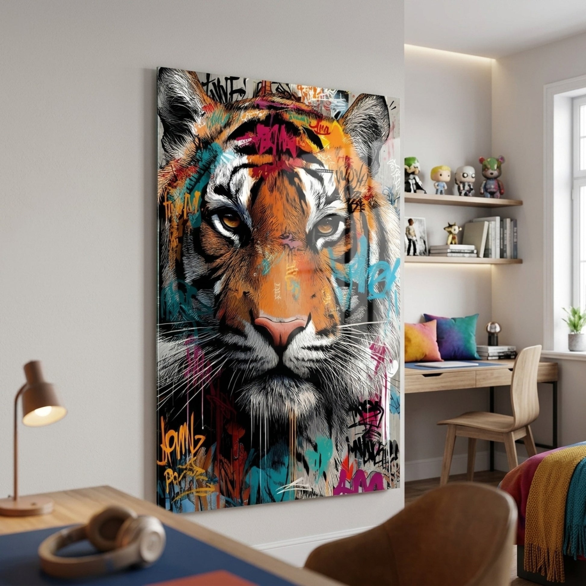 Grafiti Sanatı Kaplan Portresi Modern Sanat Dikey Cam Tablo