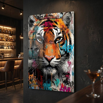Grafiti Sanatı Kaplan Portresi Modern Sanat Dikey Cam Tablo