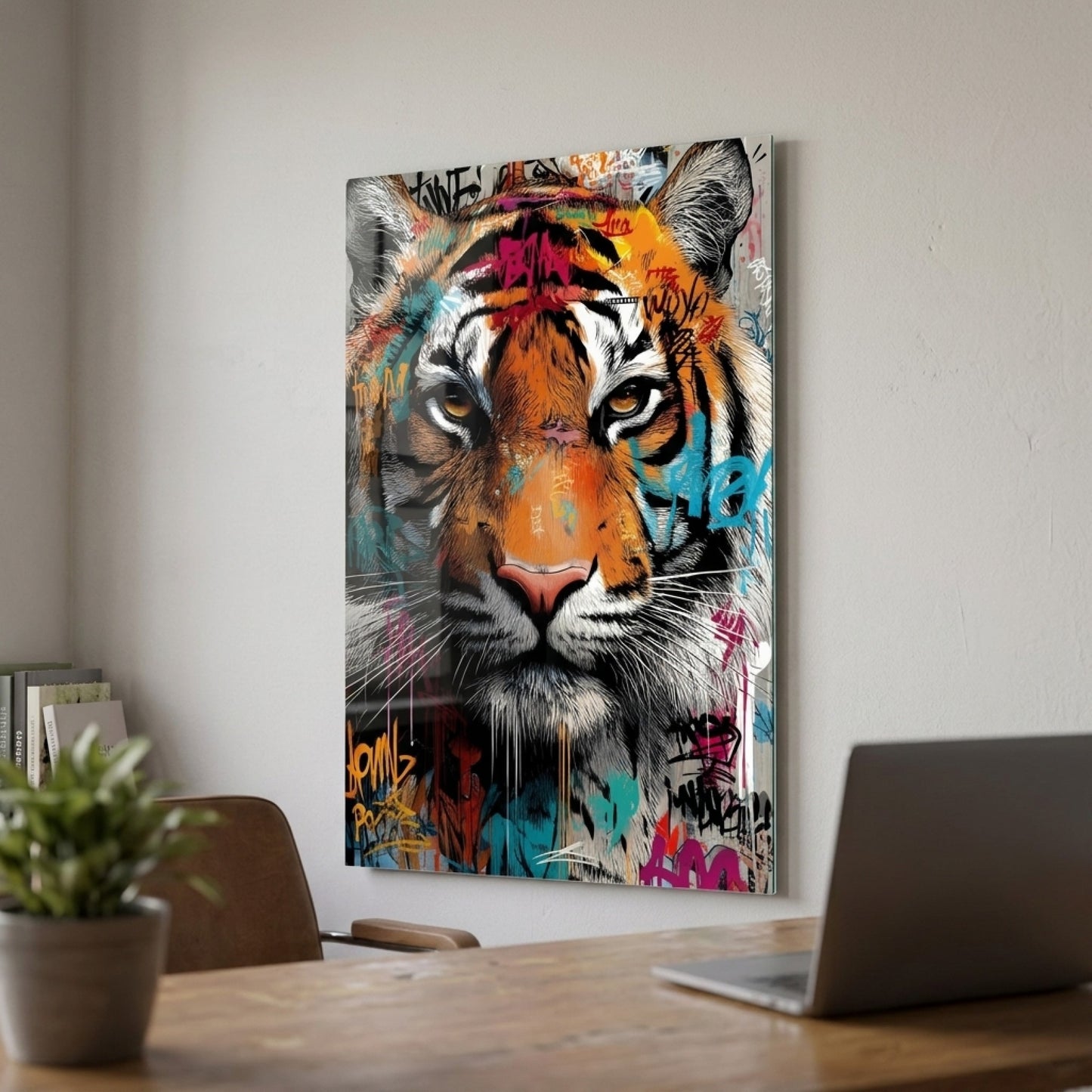 Grafiti Sanatı Kaplan Portresi Modern Sanat Dikey Cam Tablo