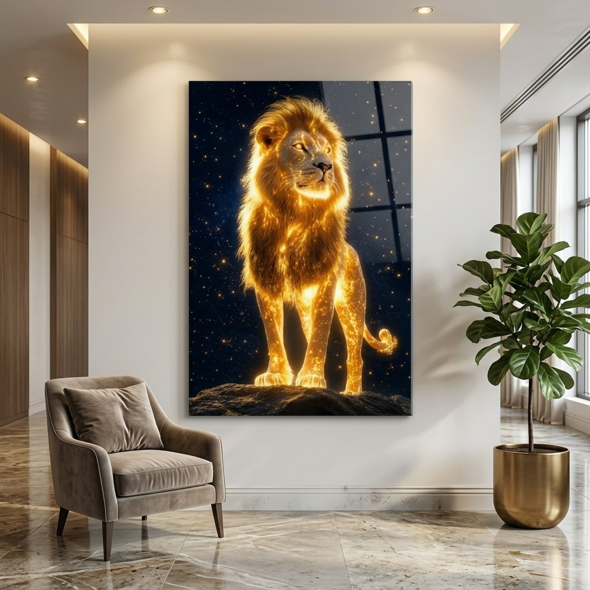 Görkemli Altın Aslan Yıldızlı Gece Dikey Cam Tablo