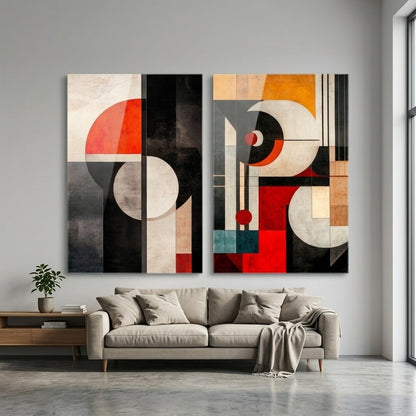 Art Deco Tarzı Soyut Müzik Geometrisi İkili Dikey 2'li Set Cam Tablo