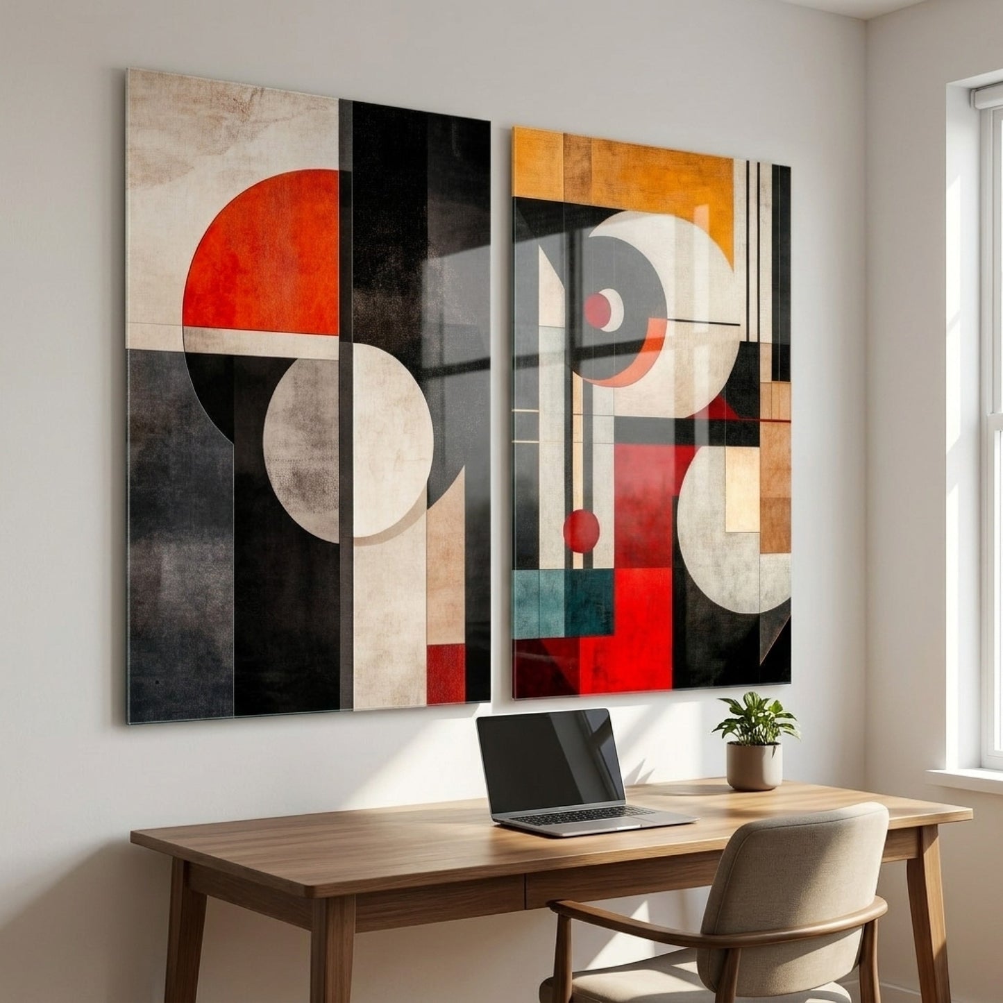 Art Deco Tarzı Soyut Müzik Geometrisi İkili Dikey 2'li Set Cam Tablo