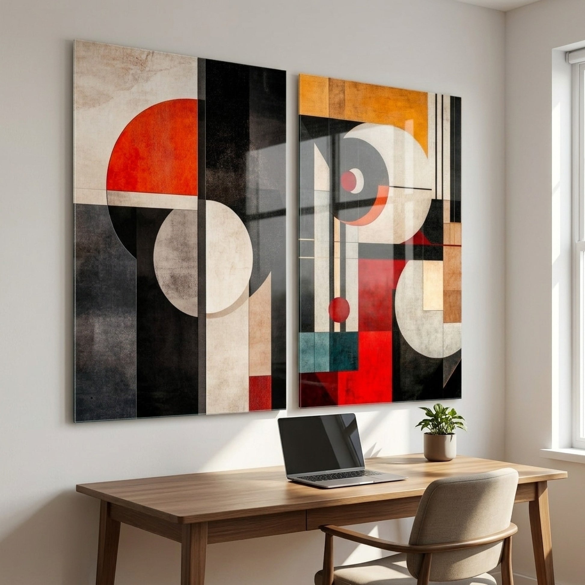 Art Deco Tarzı Soyut Müzik Geometrisi İkili Dikey 2'li Set Cam Tablo