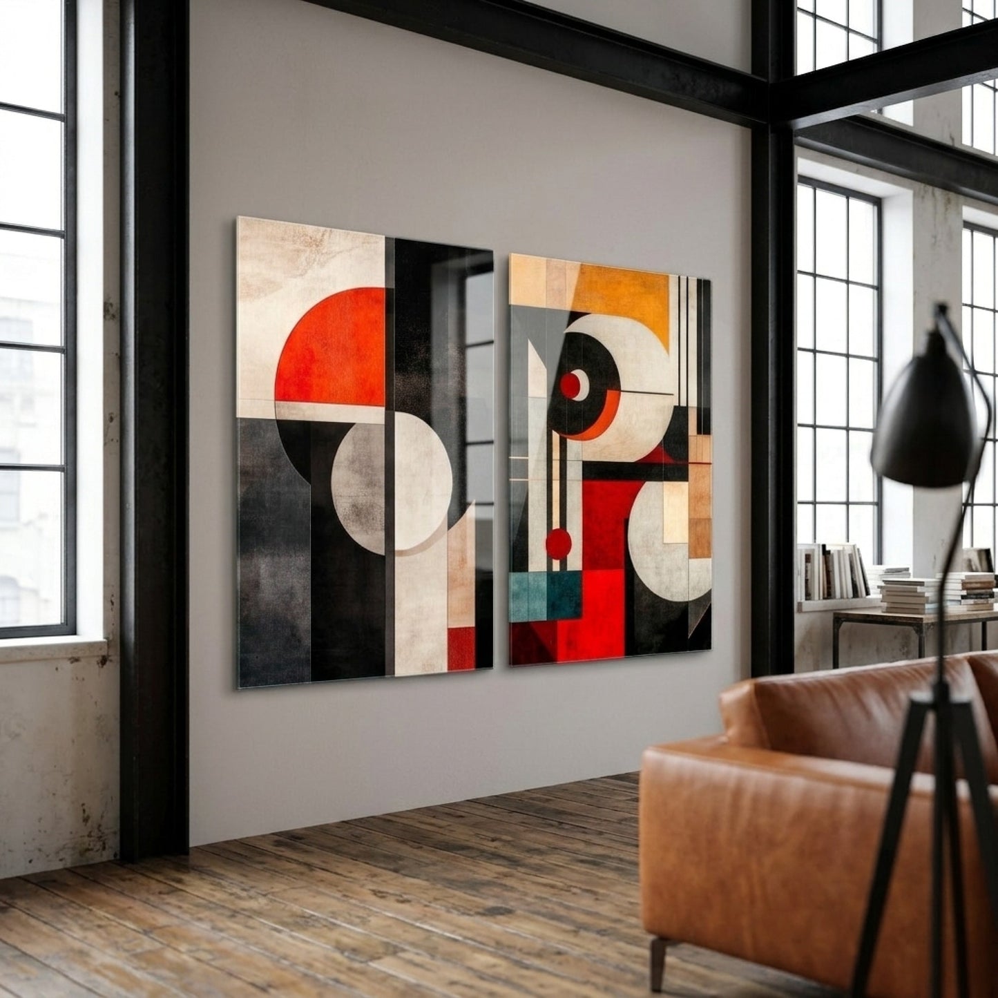 Art Deco Tarzı Soyut Müzik Geometrisi İkili Dikey 2'li Set Cam Tablo