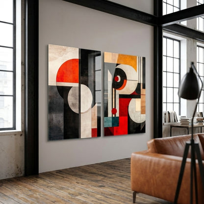 Art Deco Tarzı Soyut Müzik Geometrisi İkili Dikey 2'li Set Cam Tablo