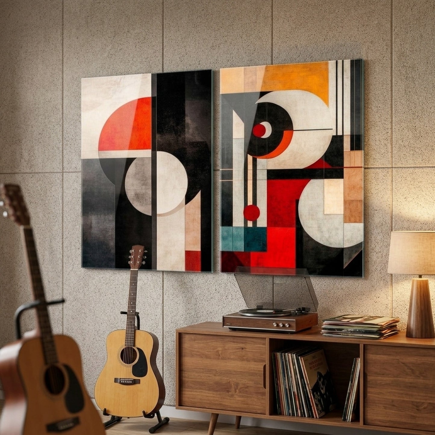 Art Deco Tarzı Soyut Müzik Geometrisi İkili Dikey 2'li Set Cam Tablo