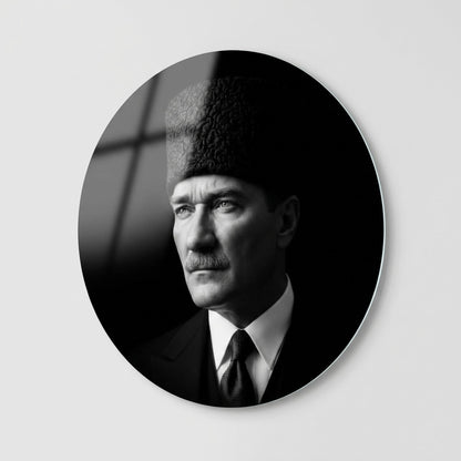 Kalpkal Ataturk Kalpakli Portresi Siyah Beyaz Yuvarlak Cam Tablo