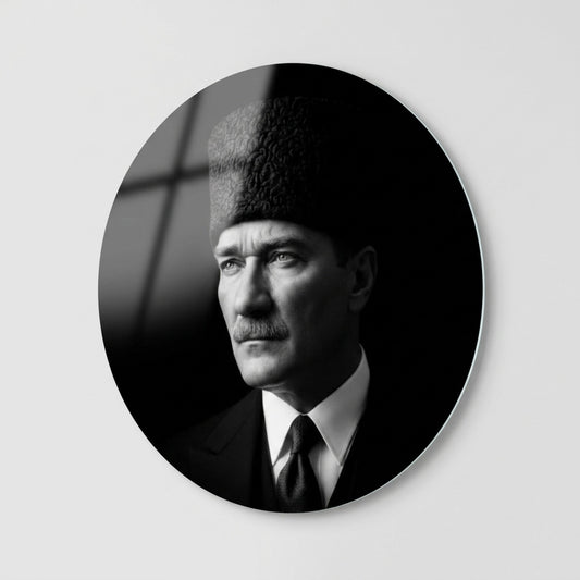 Kalpkal Ataturk Kalpakli Portresi Siyah Beyaz Yuvarlak Cam Tablo