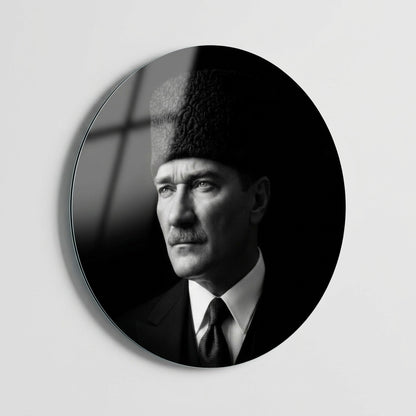 Kalpkal Ataturk Kalpakli Portresi Siyah Beyaz Yuvarlak Cam Tablo