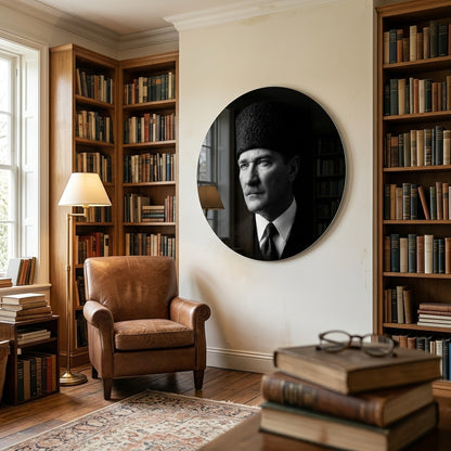 Kalpkal Ataturk Kalpakli Portresi Siyah Beyaz Yuvarlak Cam Tablo