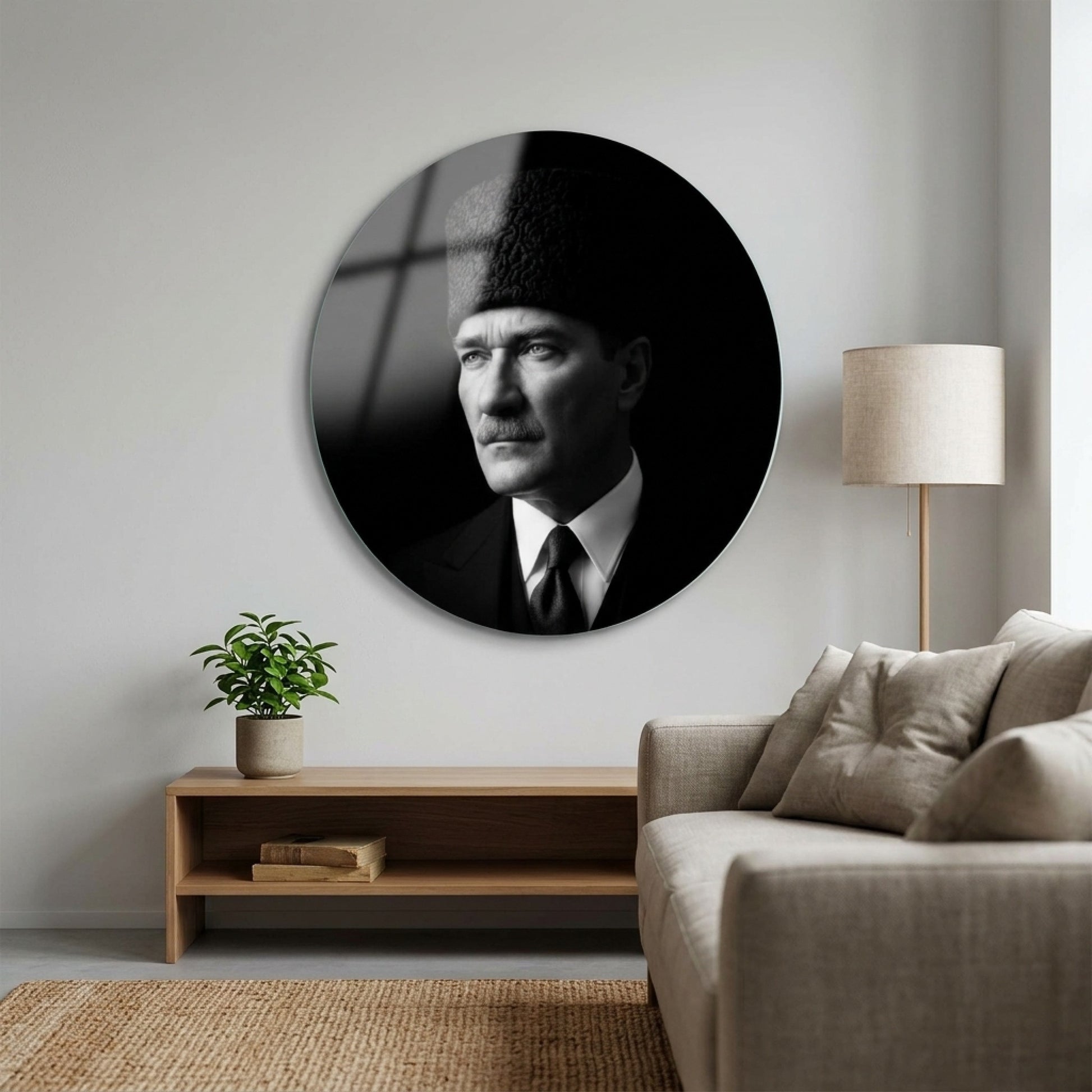 Kalpkal Ataturk Kalpakli Portresi Siyah Beyaz Yuvarlak Cam Tablo