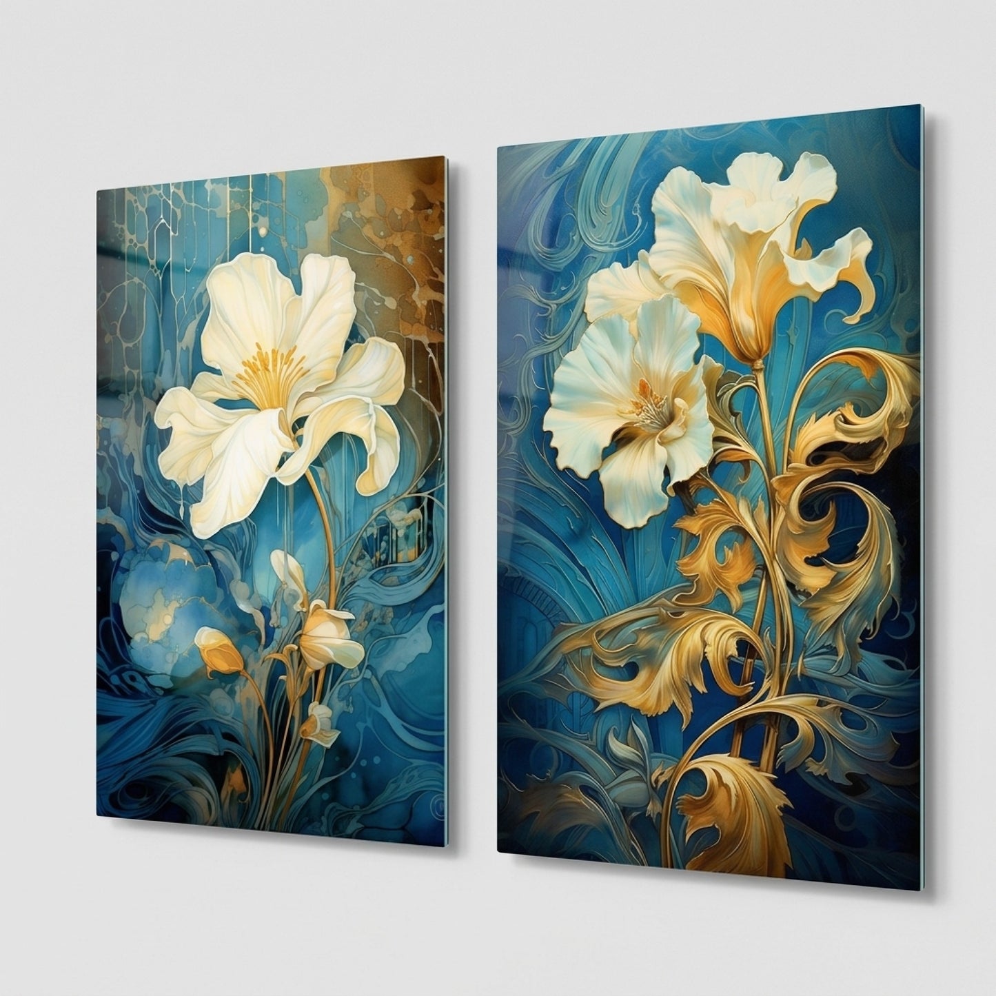 Art Nouveau Tarzı Mavi ve Altın Çiçekli Dikey 2'li Set Cam Tablo