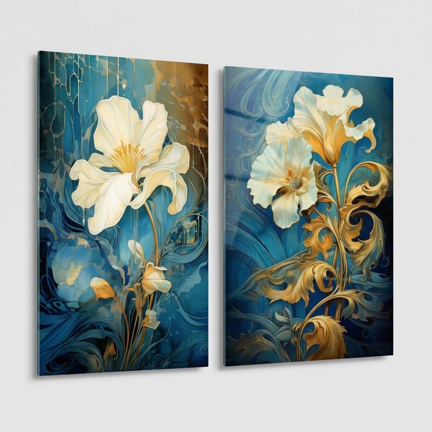 Art Nouveau Tarzı Mavi ve Altın Çiçekli Dikey 2'li Set Cam Tablo