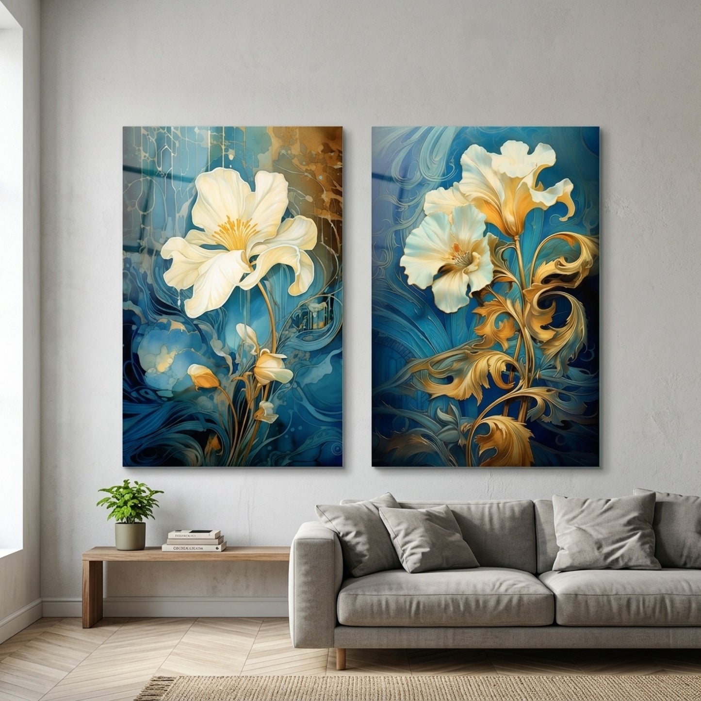 Art Nouveau Tarzı Mavi ve Altın Çiçekli Dikey 2'li Set Cam Tablo