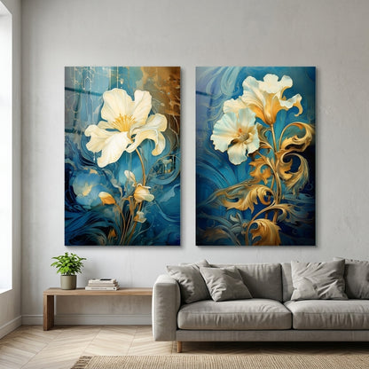 Art Nouveau Tarzı Mavi ve Altın Çiçekli Dikey 2'li Set Cam Tablo