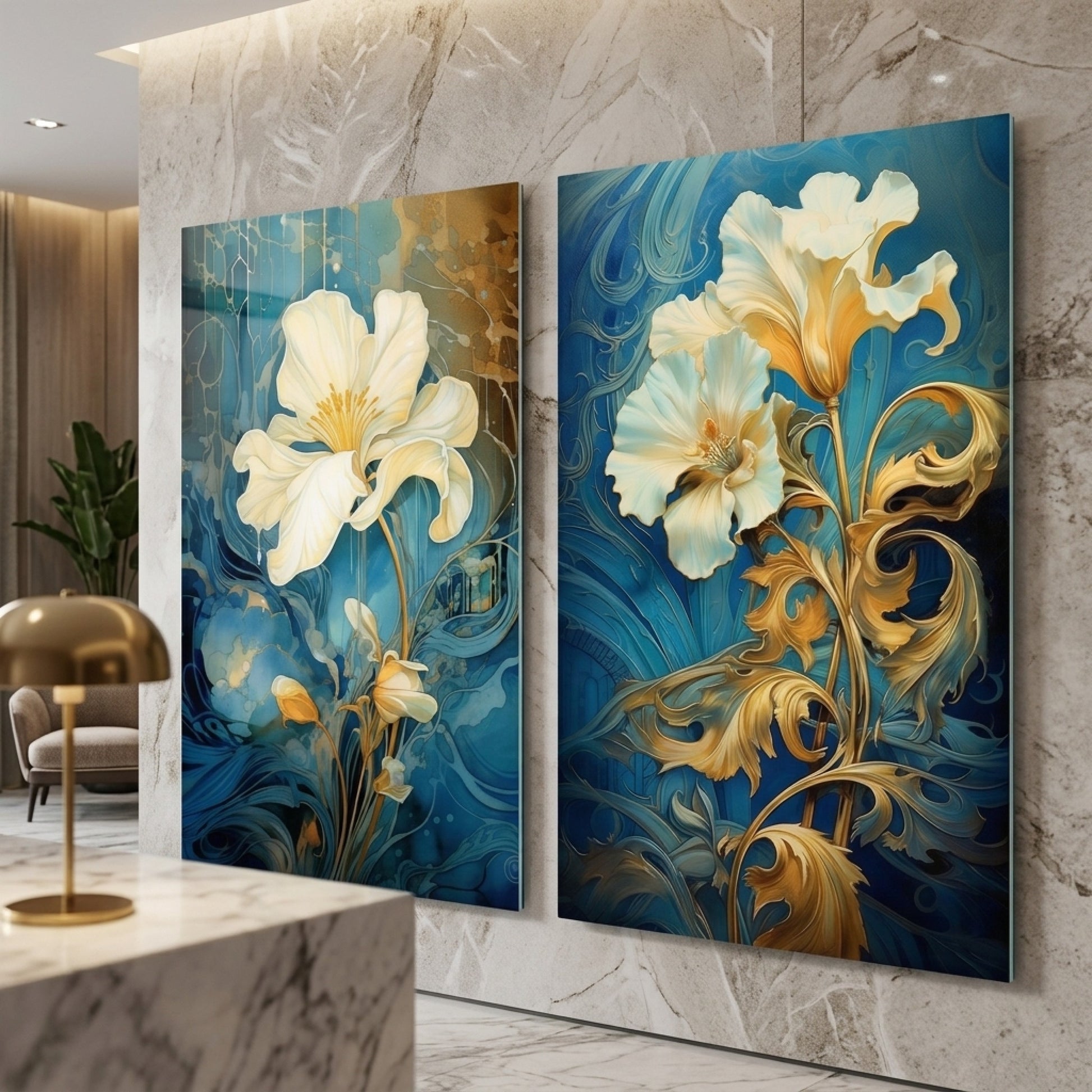 Art Nouveau Tarzı Mavi ve Altın Çiçekli Dikey 2'li Set Cam Tablo