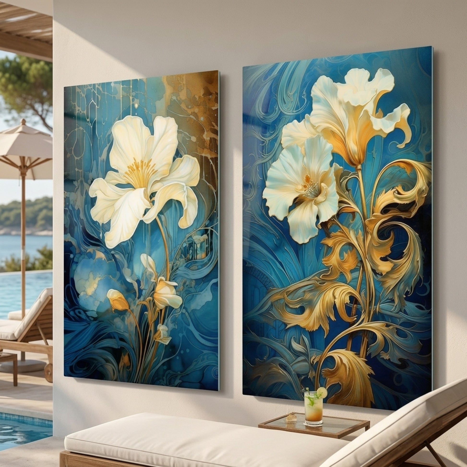 Art Nouveau Tarzı Mavi ve Altın Çiçekli Dikey 2'li Set Cam Tablo