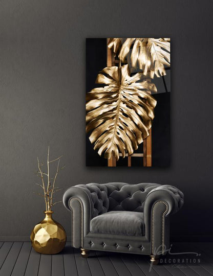 Gold Yapraklar Dikey Cam Tablo