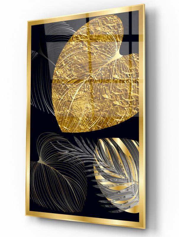 Gold Yapraklar Dikey Cam Tablo