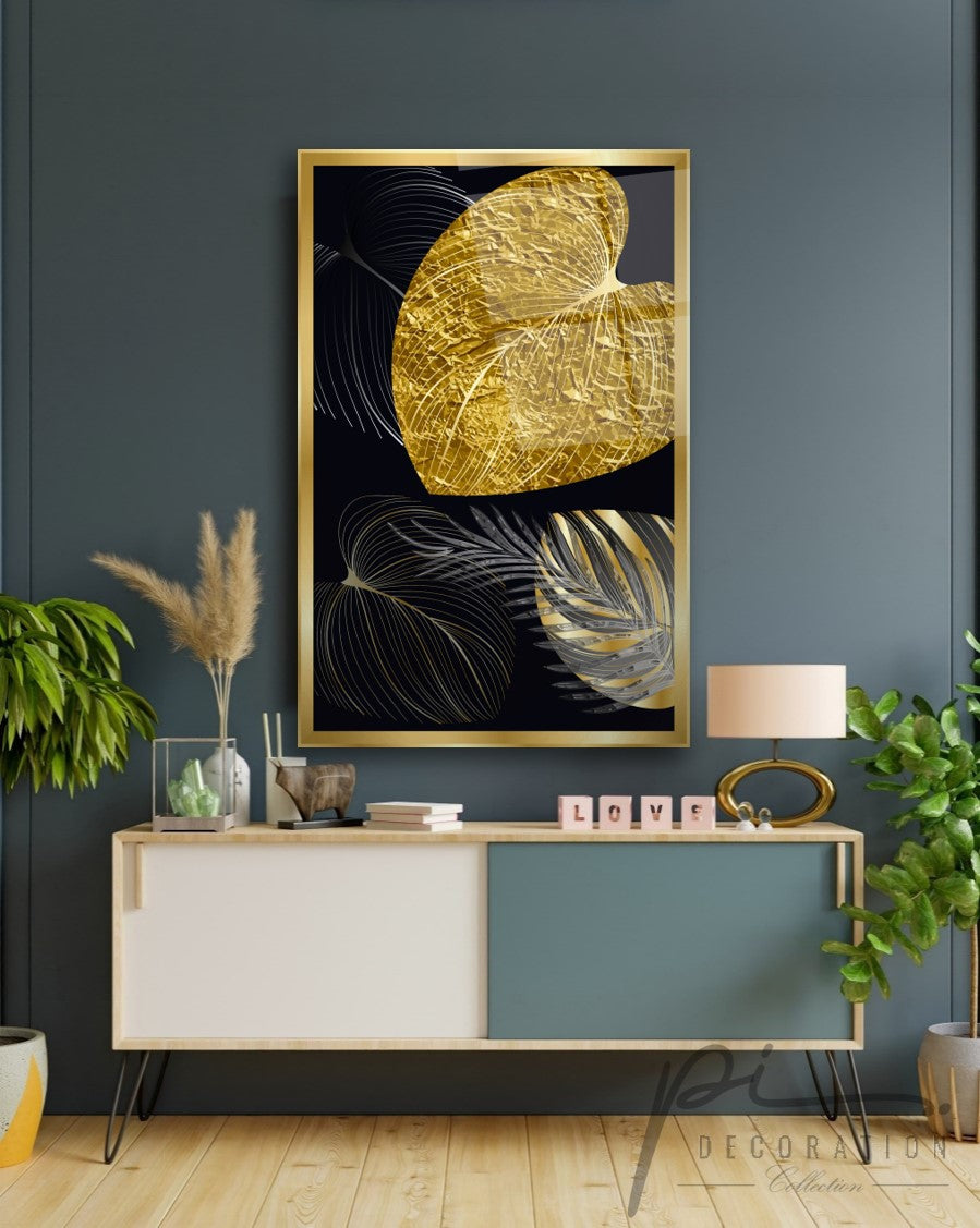 Gold Yapraklar Dikey Cam Tablo