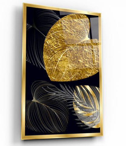 Gold Yapraklar Dikey Cam Tablo