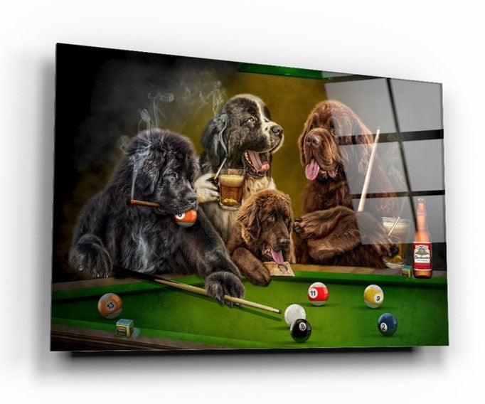 Bilardo ve Köpekler Yatay Cam Tablo