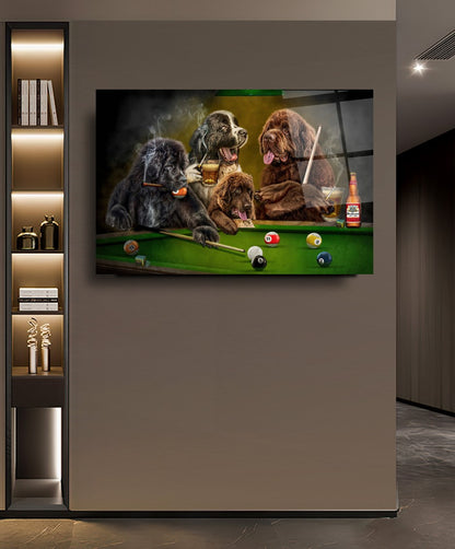 Bilardo ve Köpekler Yatay Cam Tablo