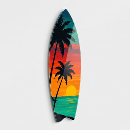 Tropikal Gün Batımı Palmiye Ağaçları Manzarası Surf Board Cam Tablo