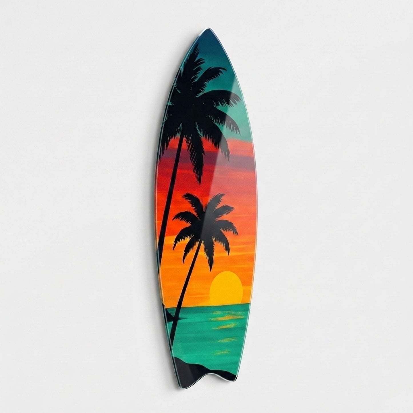 Tropikal Gün Batımı Palmiye Ağaçları Manzarası Surf Board Cam Tablo