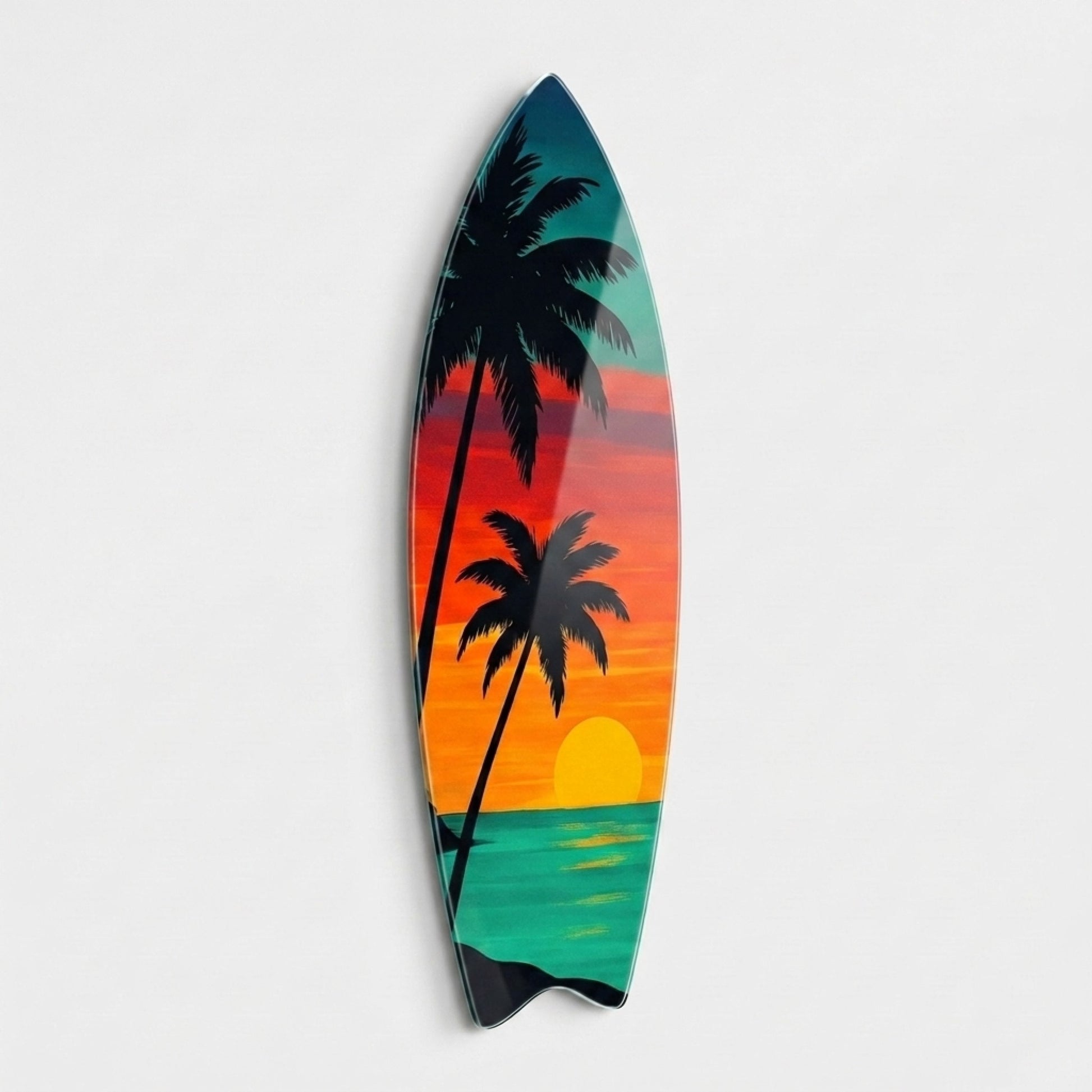 Tropikal Gün Batımı Palmiye Ağaçları Manzarası Surf Board Cam Tablo