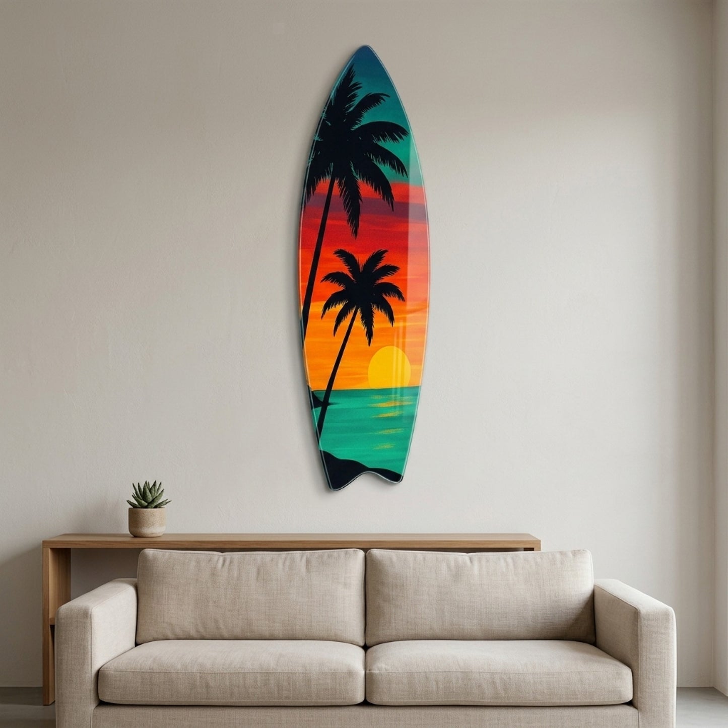 Tropikal Gün Batımı Palmiye Ağaçları Manzarası Surf Board Cam Tablo