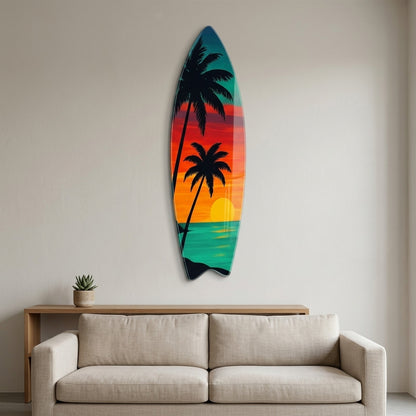 Tropikal Gün Batımı Palmiye Ağaçları Manzarası Surf Board Cam Tablo