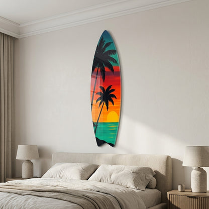 Tropikal Gün Batımı Palmiye Ağaçları Manzarası Surf Board Cam Tablo