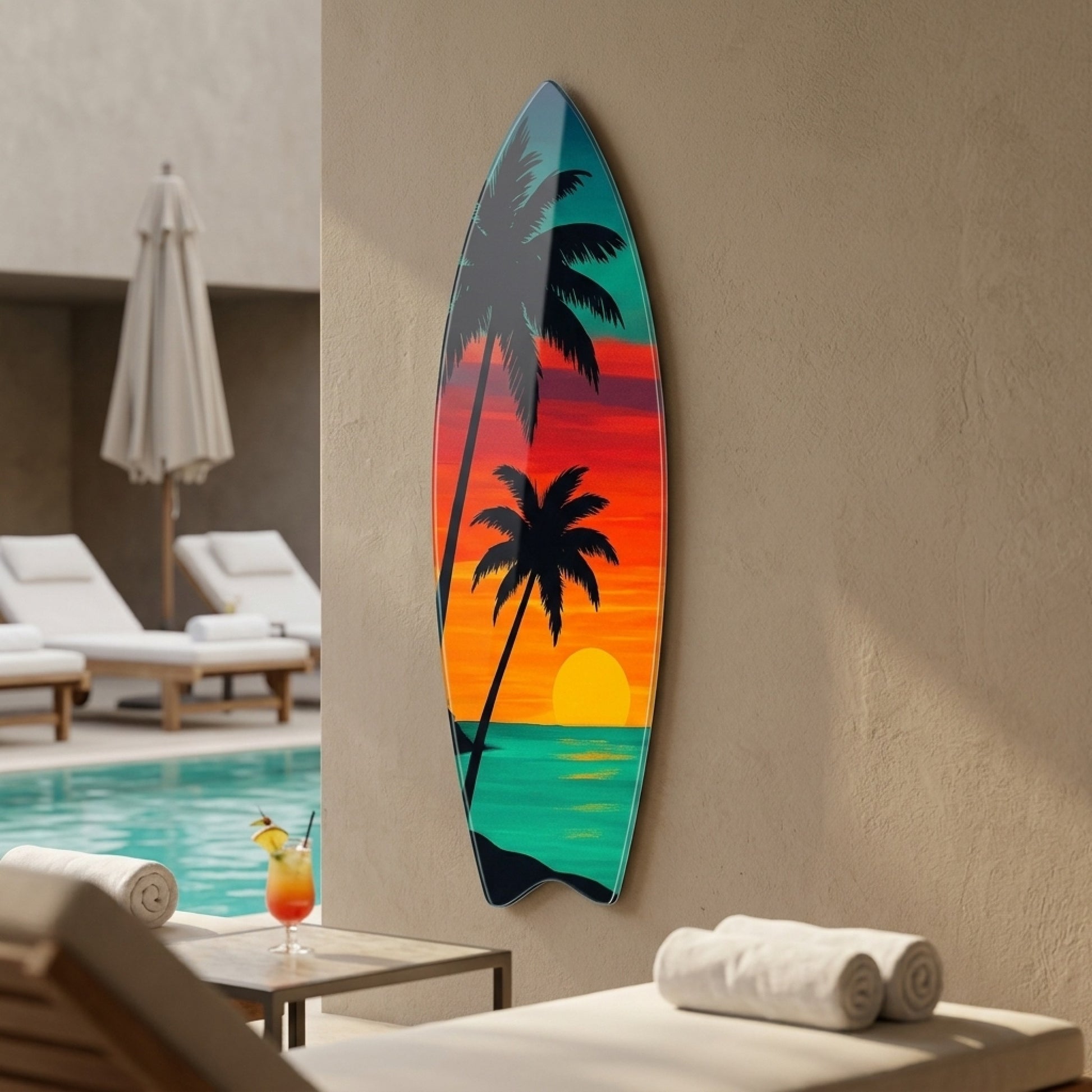 Tropikal Gün Batımı Palmiye Ağaçları Manzarası Surf Board Cam Tablo