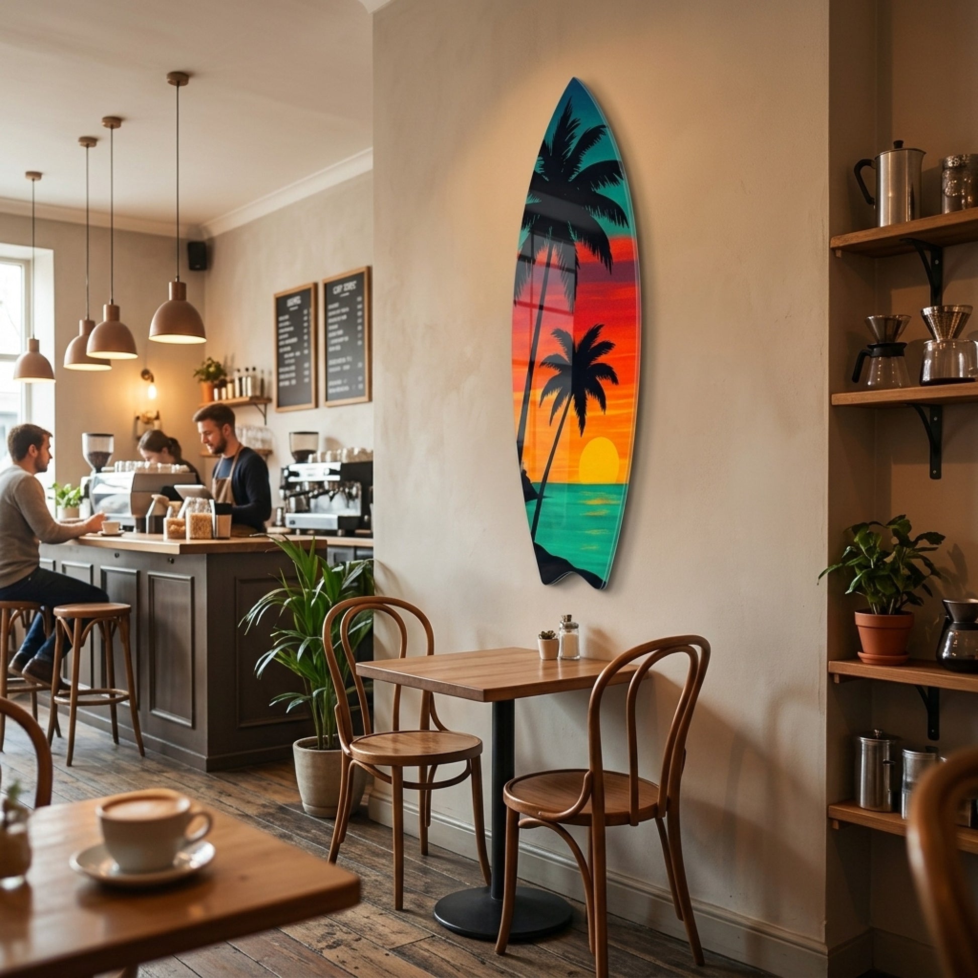 Tropikal Gün Batımı Palmiye Ağaçları Manzarası Surf Board Cam Tablo