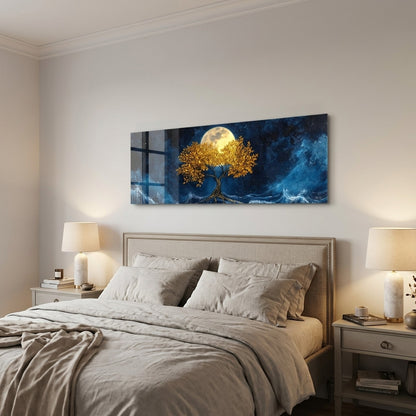 Gece Mavisi Altın Yaşam Ağacı Panoramik Yatay Cam Tablo