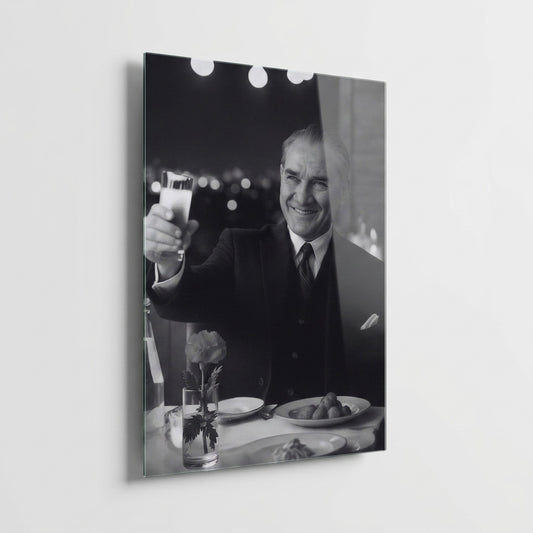 Mustafa Kemal Atatürk Kadeh Kaldıran Portre Dikey Cam Tablo