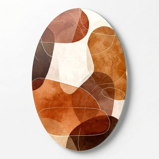 Oval Soyut Kahve Sanat Oval Dikey Cam Tablo