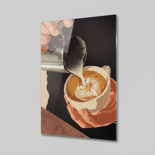Latte Sanatı Kahve Hazırlayan Barista Tablosu Dikey Cam Tablo