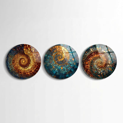 Spiral Mozaik Sanatı Üçlü Set Yuvarlak 3'lü Set Cam Tablo