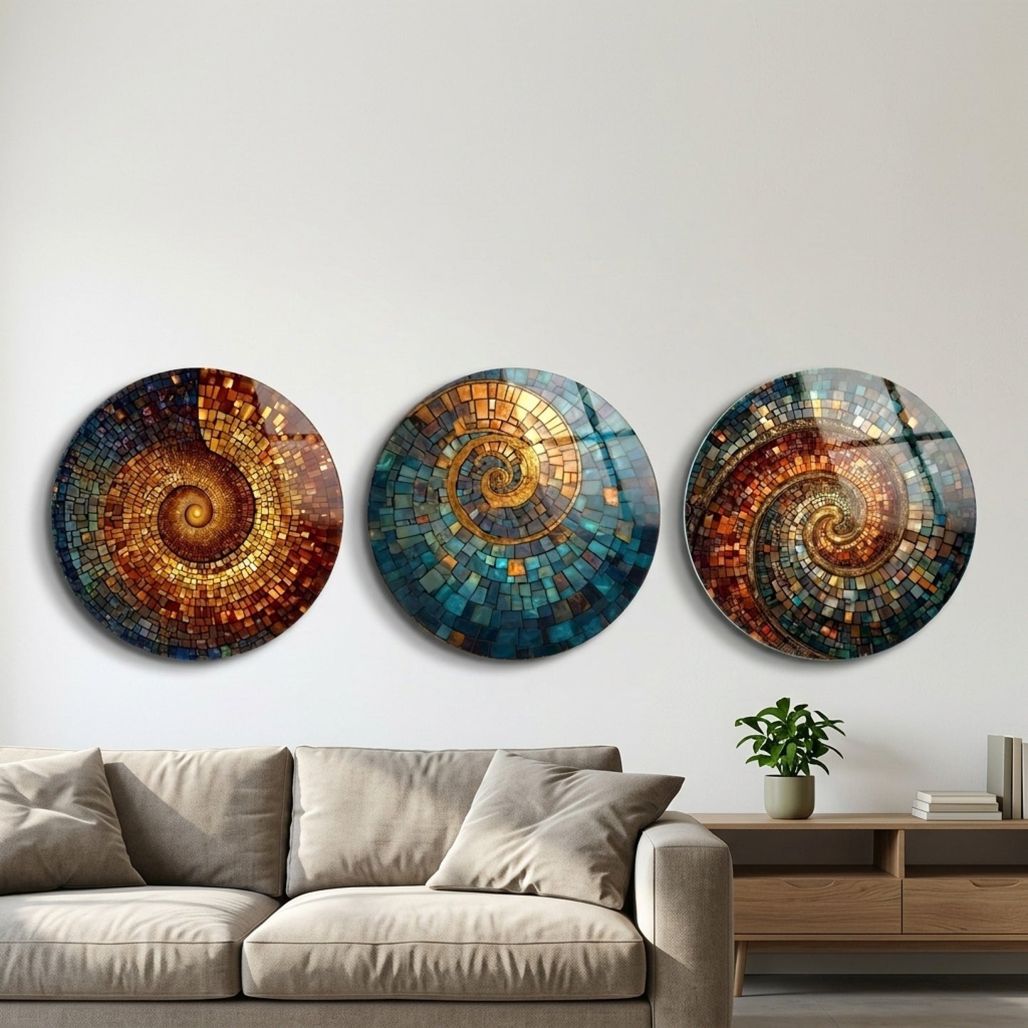 Spiral Mozaik Sanatı Üçlü Set Yuvarlak 3'lü Set Cam Tablo