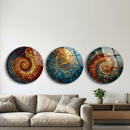 Spiral Mozaik Sanatı Üçlü Set Yuvarlak 3'lü Set Cam Tablo
