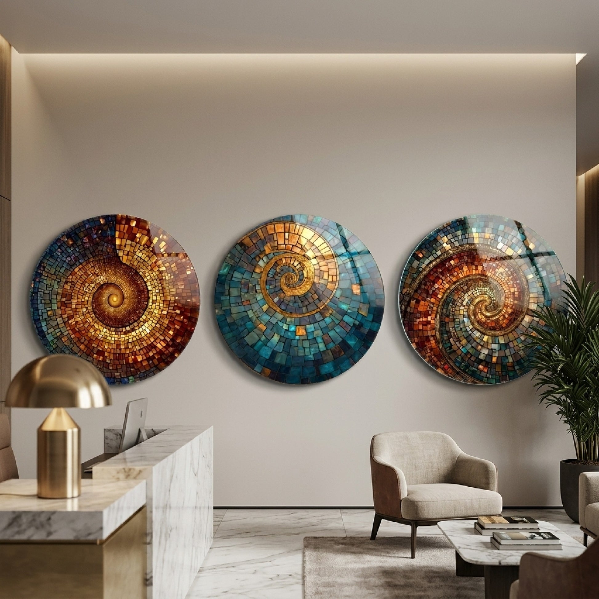 Spiral Mozaik Sanatı Üçlü Set Yuvarlak 3'lü Set Cam Tablo