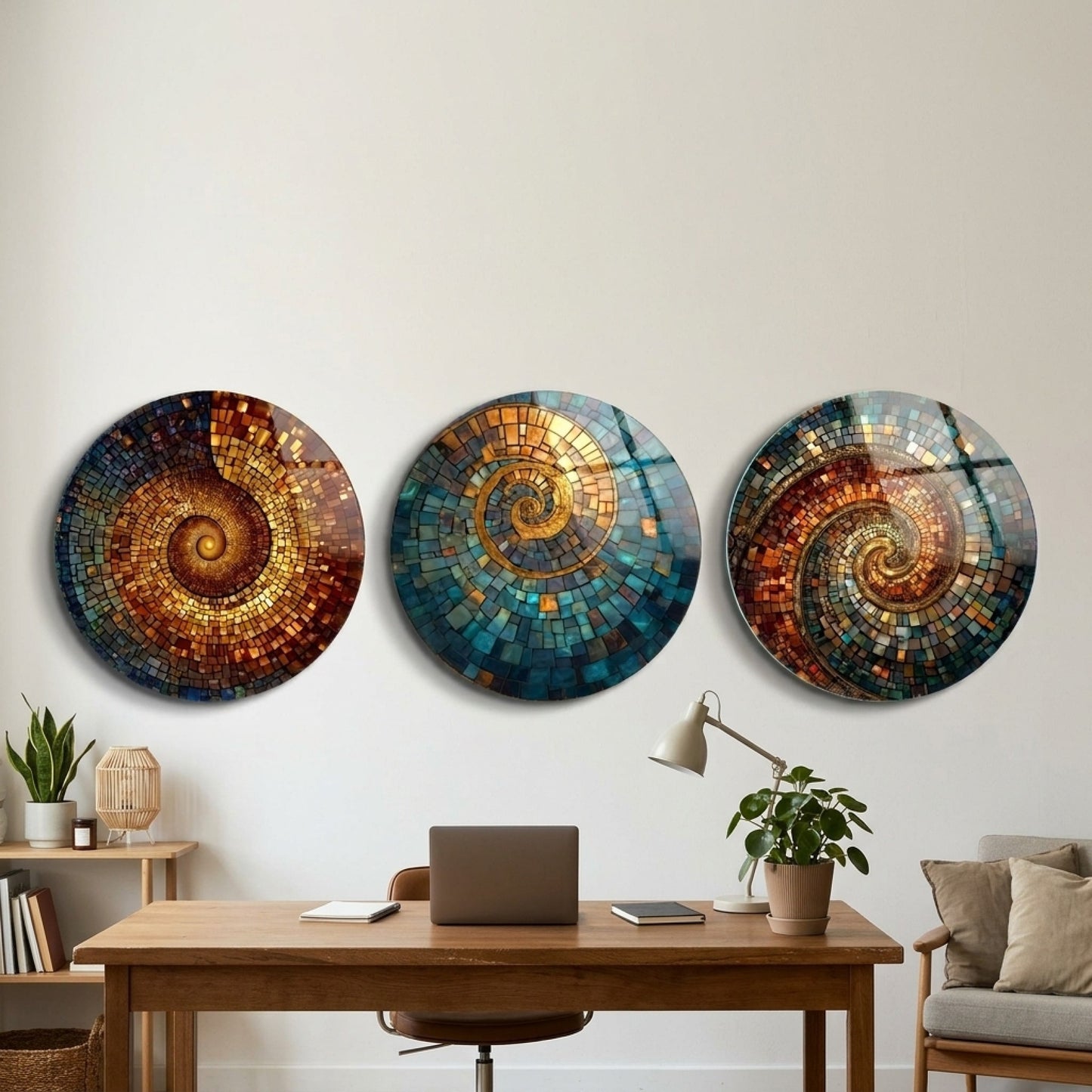 Spiral Mozaik Sanatı Üçlü Set Yuvarlak 3'lü Set Cam Tablo