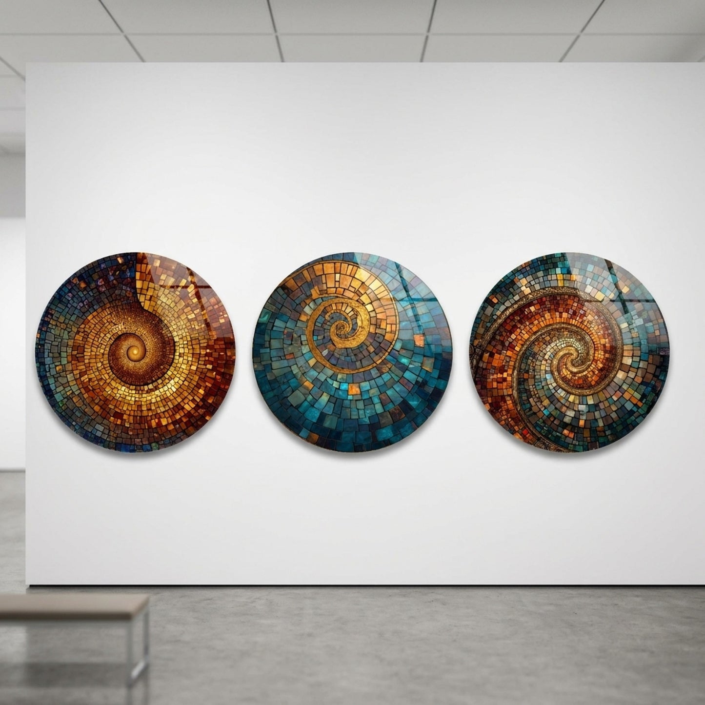 Spiral Mozaik Sanatı Üçlü Set Yuvarlak 3'lü Set Cam Tablo